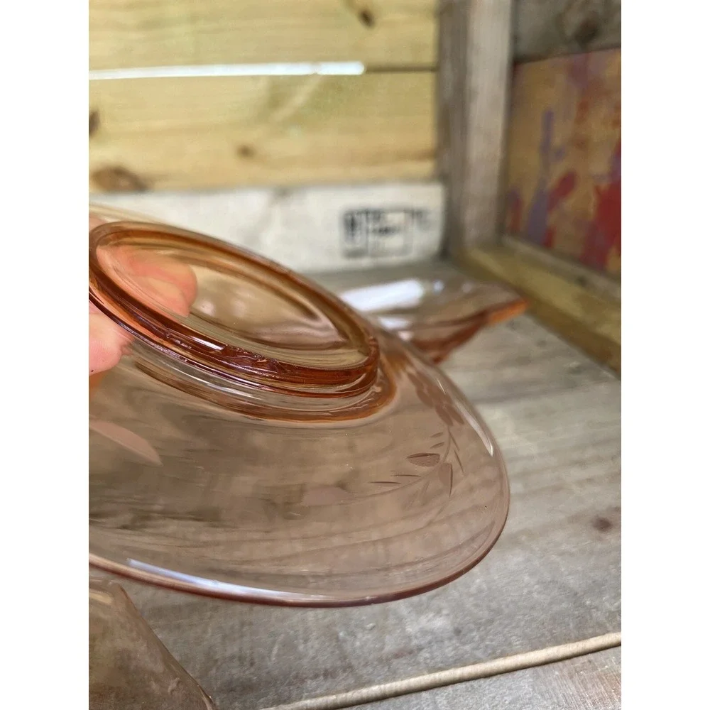 Vintage Pink Depression Glassware Floral Etching‎ Small Plates, Butter Dish,bowl